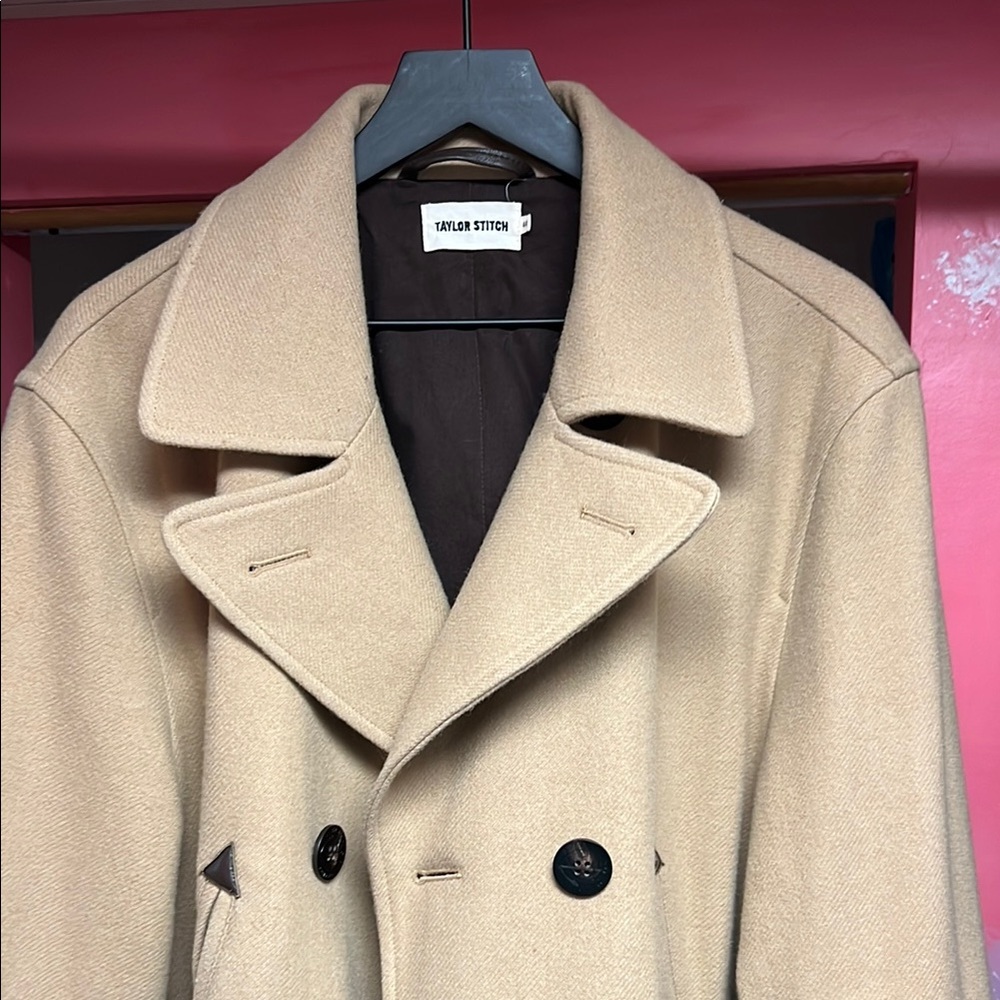 Taylor Stitch Tan Pea Coat 100% Wool with Leather Trimmed cuffs—Timeless